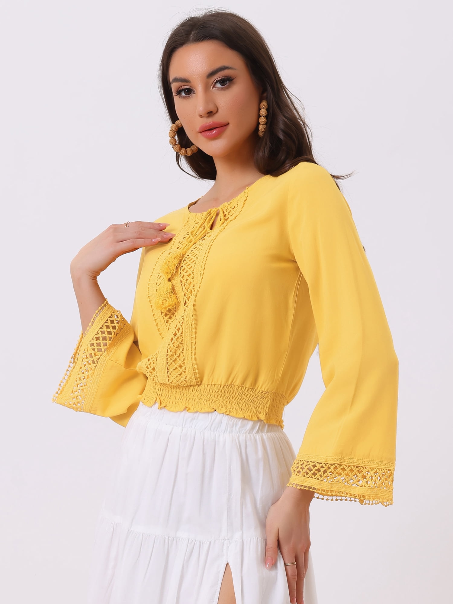 DARING DIVA Women's Lace Peasant Bell Sleeve Smocked Hem Cropped Boho Blouse M Yellow