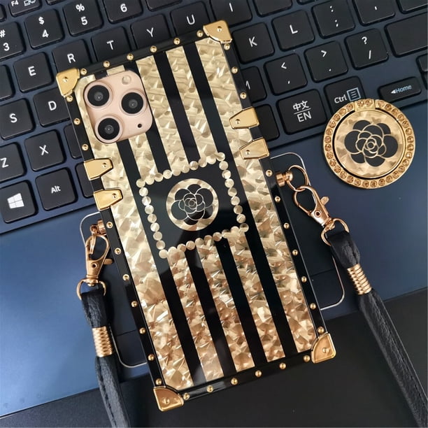 Funda cuadrada con purpurina para iPhone, carcasa con cordón, Color Negro, Rosa, flor, para modelos 13 Pro Max, 11, 12, XS, XR, X, 6S, 7, 8, 14 Plus Fivean unisex