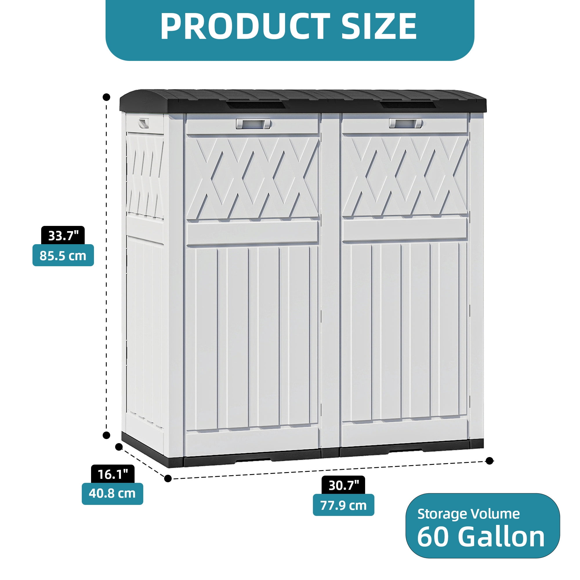 Uforic Double Compartment Outdoor Trash Can, 62 Gallon Waterproof Resin Garbage Bin with Tiered Lid and Drip Tray for Patio Deck Backyard, Black & White