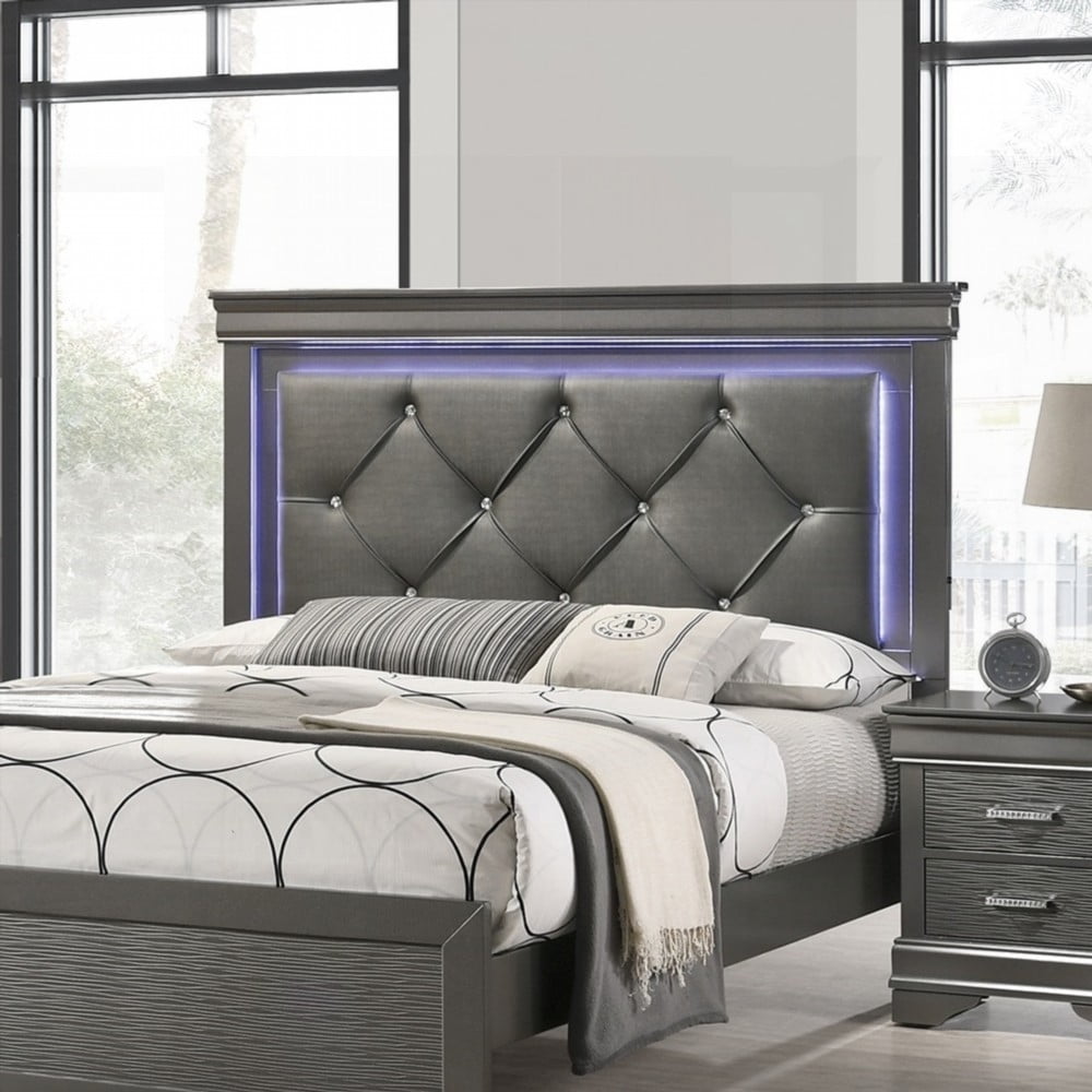 Gray and Dark Gray Faux Leather Tufted Queen Size Headboard for Bedroom