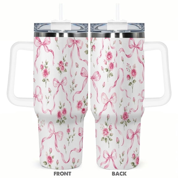 40oz Pink Bow Rose Floral Tumbler with Handle and Straw Stainless Steel Insulated Travel Coffee Cup Gift for Women