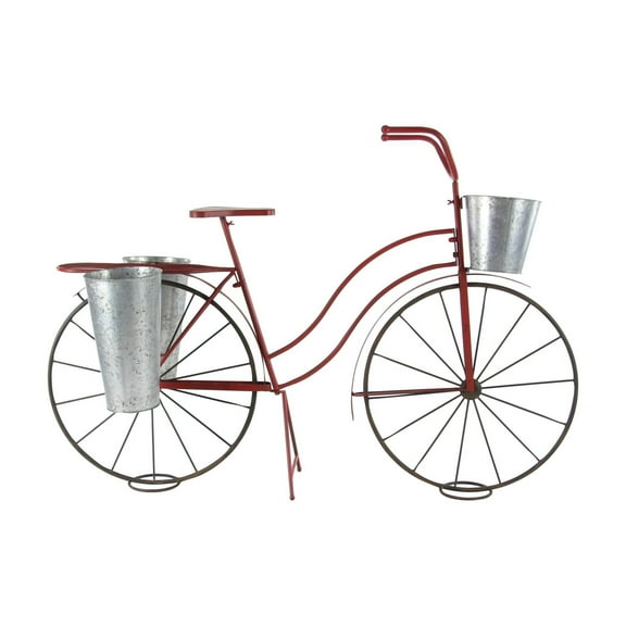 DecMode Red Metal Bike Indoor Outdoor Plantstand with Silver Basket and Saddle Bag Planters, 56" x 21" x 38"