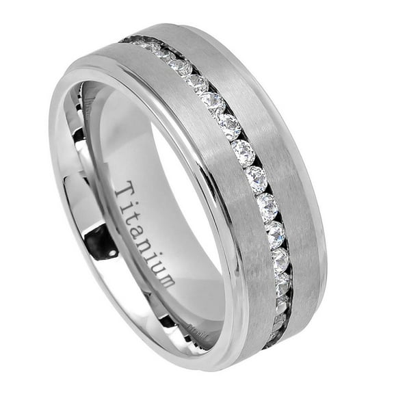 8MM Comfort Fit Titanium Wedding Band Brushed Center Shiny Step Edge CZ Eternity Ring (Size 7 to 15)