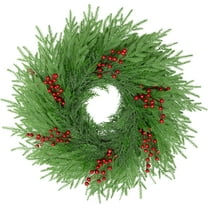 Guvpev 24" Green Cypress Artificial Christmas Wreath for Front Door - Real Touch Christmas Cedar Greenery Wreaths with Red Berries for Walls Windows Porches Farmhouse Indoor Outdoor Xmas Decor