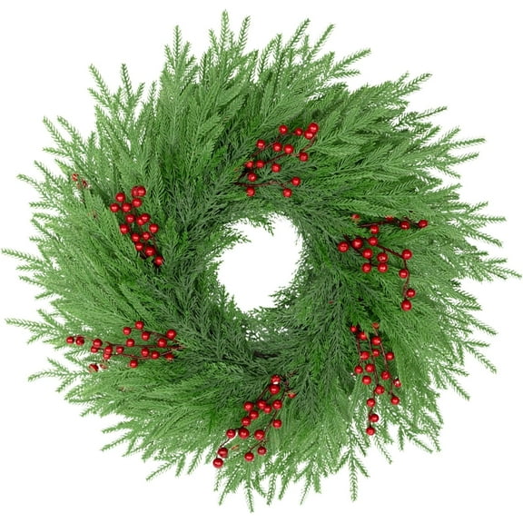 Guvpev 24" Green Cypress Artificial Christmas Wreath for Front Door - Real Touch Christmas Cedar Greenery Wreaths with Red Berries for Walls Windows Porches Farmhouse Indoor Outdoor Xmas Decor