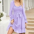 thumbnail image 6 of IROINNID Long Sleeve Dress for Women Solid Spring and Summer Long Sleeve Belt Waist Ruffle Sleeve Round Neck Dress,Purple, 6 of 7