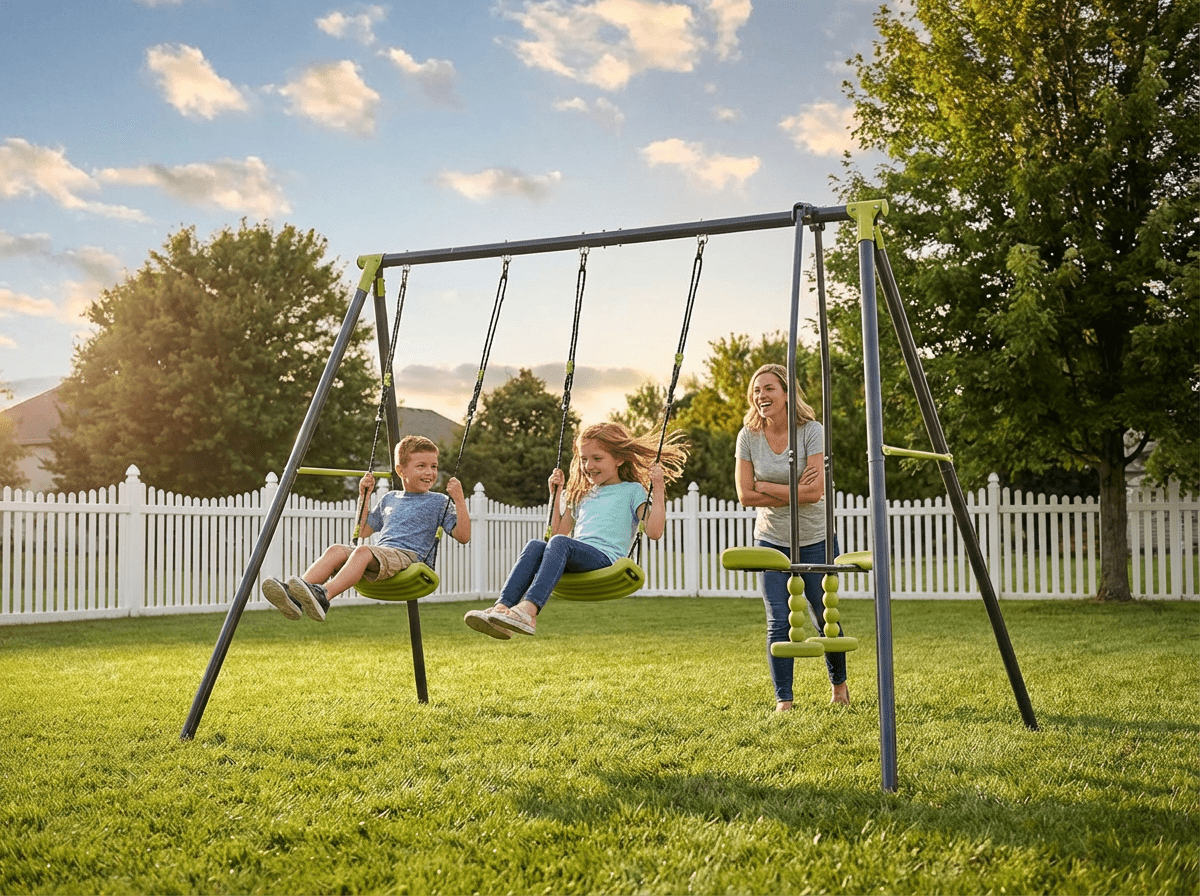 3-Seat Kids Metal Swing Set, 440 LBS Heavy Duty Weatherproof Outdoor Swing with Face-to-Face Curved Board Design, Easy Assembly Playground Swing for Backyard Garden Ages 3+