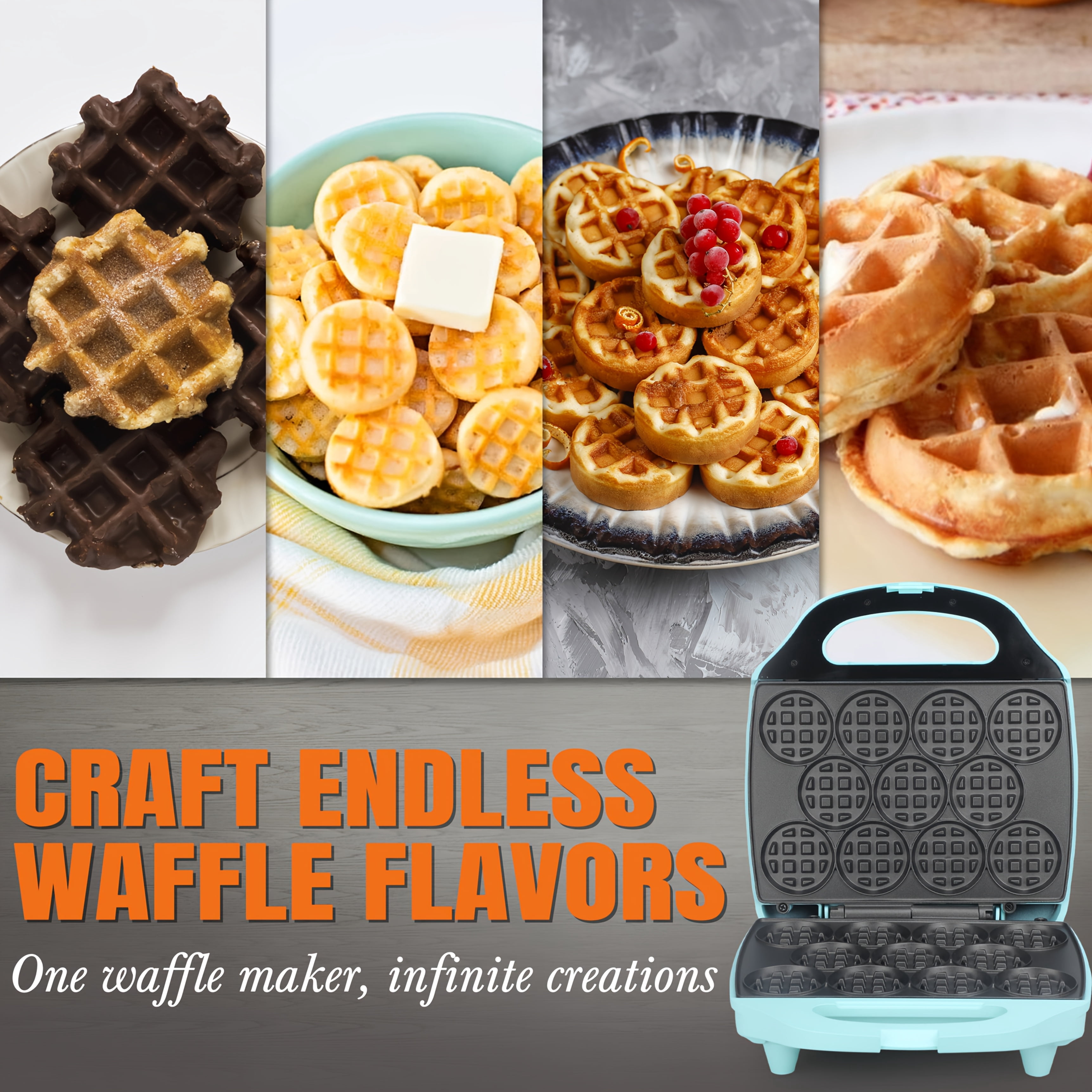 Bite-Size Waffle Maker, Mini Belgian Nonstick Waffle Iron for Kids and Adults, Cute Tiny Waffle Machine, Aqua