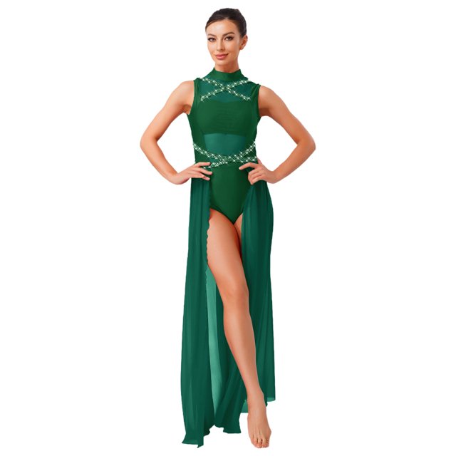 renvena Costumes de Danse Lyrique pour Femmes Robe Maxi Sans Manches à Col Roulé Dos Nu en Tulle et Tulle Vert Foncé L