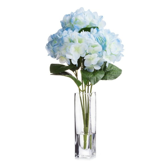 Enova Home Artificial Flowers Natural Touch Hydrangea Fake Silk Flowers in Rectangle Glass Vase with Faux Water for Home Office Wedding Decoration (Light Blue)
