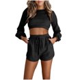 thumbnail image 2 of ICHUANYI Clearance Fall Fashion Women Long Sleeve Midriff-baring Round-Neck Blouses Shirts Tie Elastic Waist Pocket Shorts ICHUANYI "ICHUANYI", 2 of 8