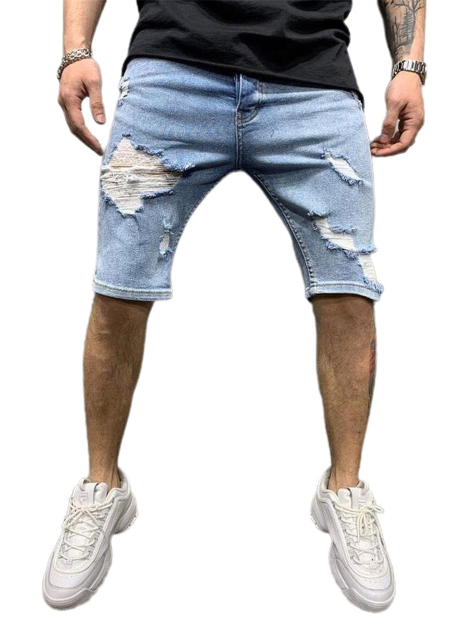 Mens Cargo Jeans Shorts Summer Pants Denim Pocket 3/4 Trousers Casual Biker Look