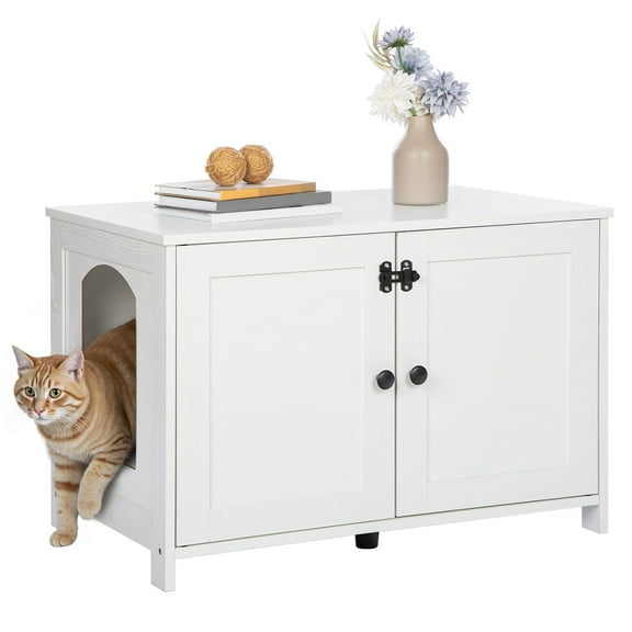 HOOBRO Litter Box Enclosure, Cat Litter Box Furniture with Removable Divider, Large Hidden Litter Box Furniture, Wooden Cat House, End Side Table, 31" L x 17.5" W x 19.7" H, White WT03MW01G2