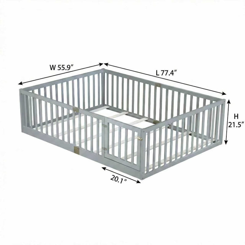 Mirightone Full Size Floor Bed, Wood Montessori Floor Beds with High Fence Railings, Door & Slats Support, Full Playhouse Bed Frame, No Box Spring Needed, Grey