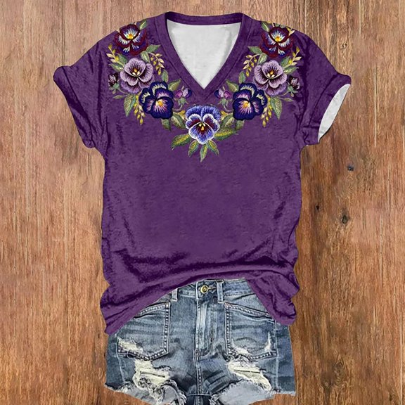 Women's Short Sleeve T-shirt Women'S Fashion V Neck Short Sleeved Purple Floral Printed Top T Shirt,Purple Women's Short sleeve T-shirt M