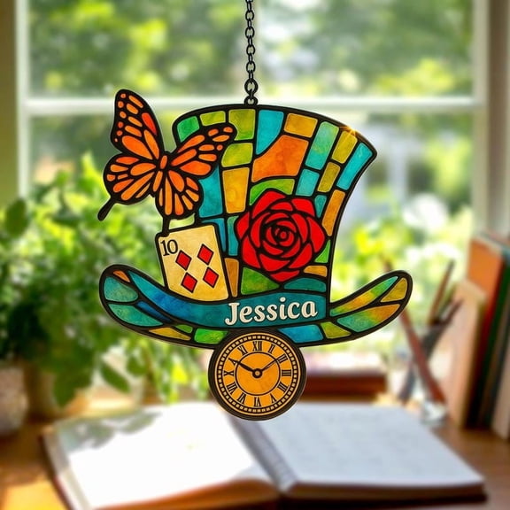 Mad Hatter Wonderland Hat Acrylic Suncatcher, Stained Glass Style Wonderland Window Decor, Fantasy Window Hanging, Alice in Wonderland Gift