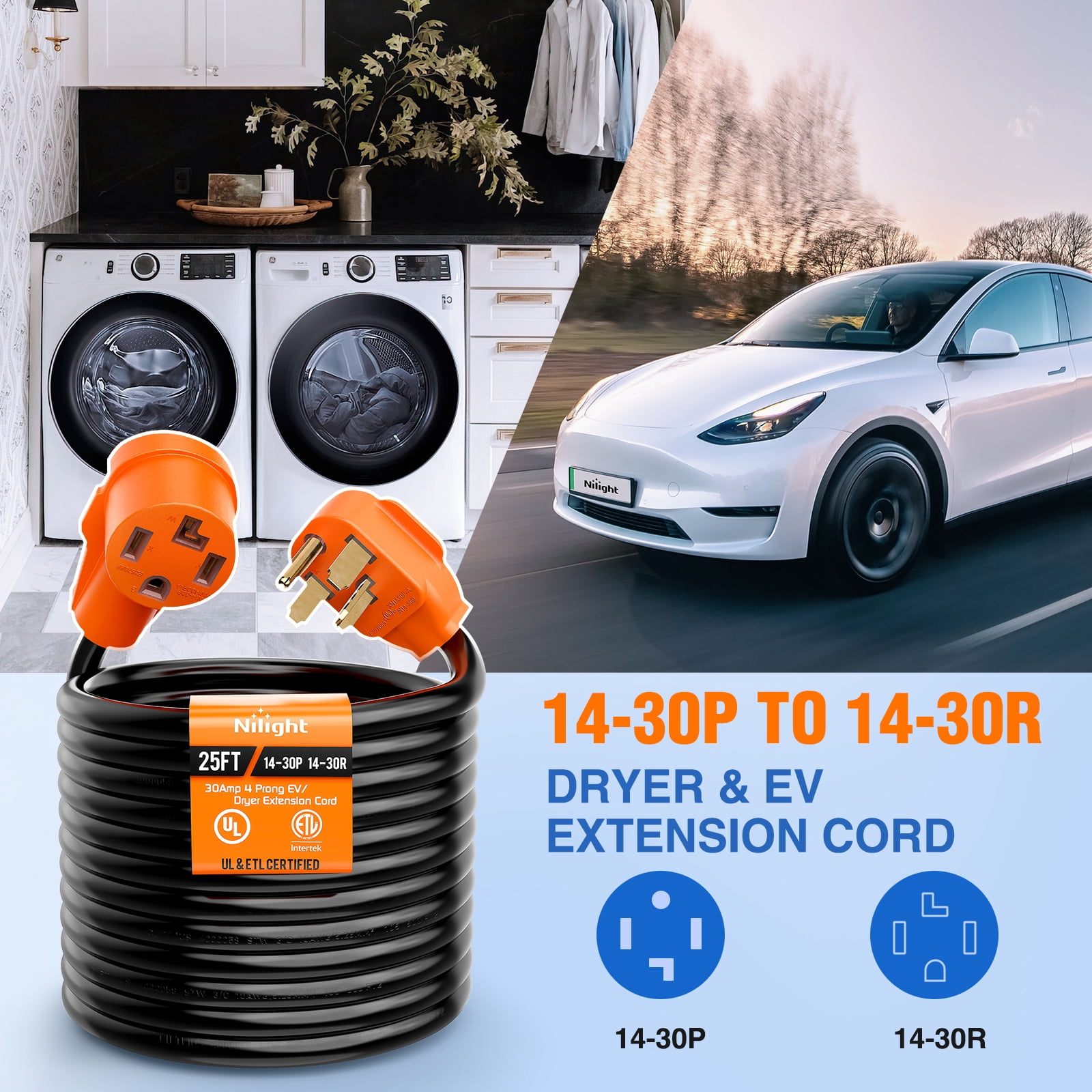 Nilight 25FT EV Dryer Extension Cord 4 Prong 30 Amp NEMA 14-30P 14-30R Old Dryer Extension Cable Heavy Duty 10 Gauge Pure Copper Wire UL Listed 125/250V for Level 2 EV Charging