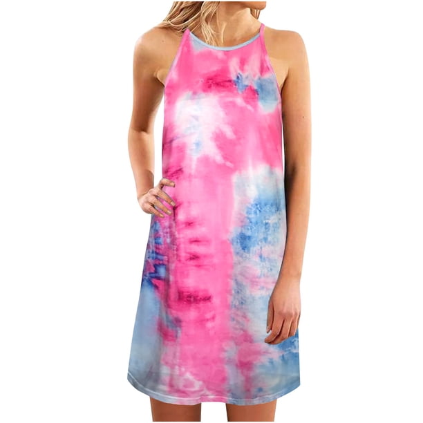 Vestido de tirantes sin mangas con estampado de cuello redondo a la moda de verano para mujer Pompotops ghjkhdj4887