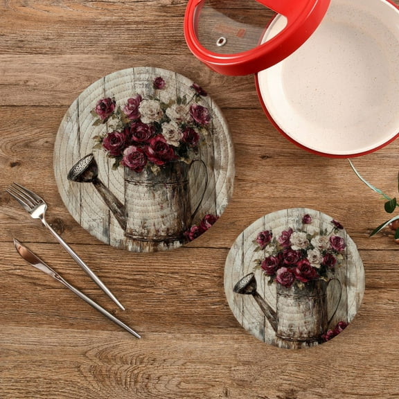 Wobogo Burgundy Roses Trivets Potholders Set of 2 Cotton Woven Round Hot Plate Mats for Hot Dishes Bowls Teapots