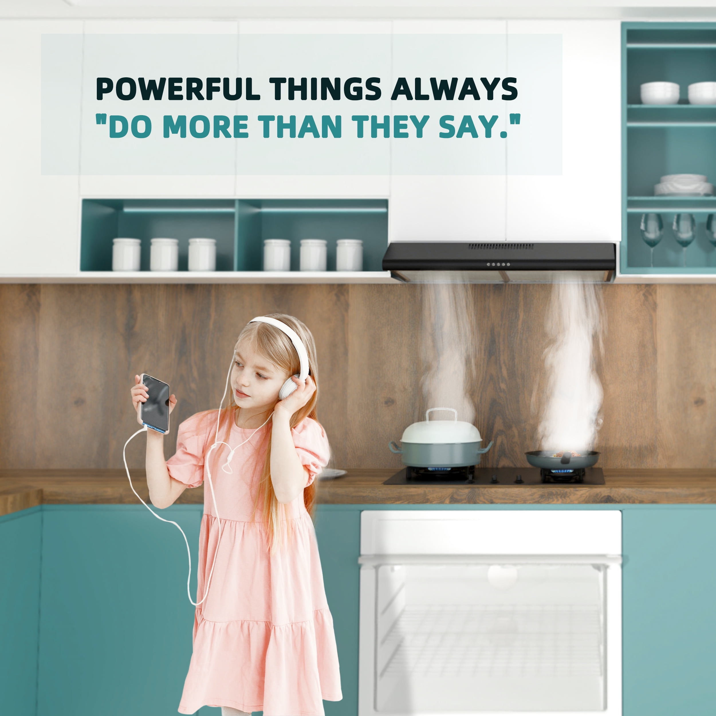 FIREGAS Black Under Cabinet Range Hood 30 inch, Slim Kitchen Over Stove Vent, LED Light, 3 Speed Exhaust Fan, Push Button,Stainless Steel 30 inch Range Hood,with Charcoal Filter