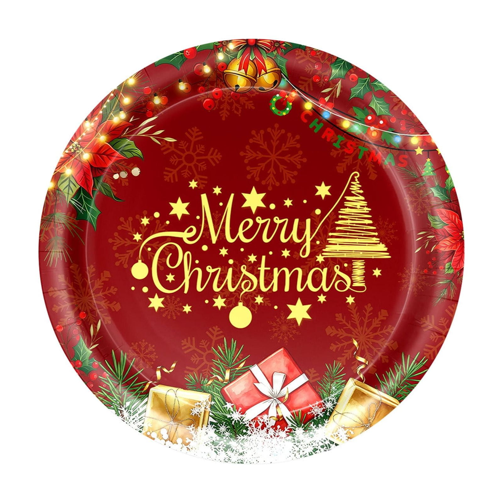 Christmas Disposable Paper Plates 9 inch Red Merry Christmas Dinner Plates with Gold Festive Print Food-Grade Party Plates for Holiday Dinner and Parties 10 Pcs