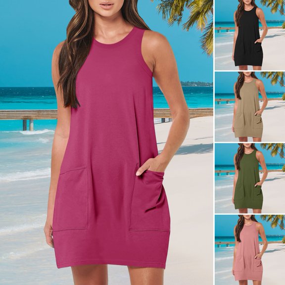 ZenCart Women's Sleeveless Dress Summer Casual Mini Tank Dress with Pockets Loose Beach Vacation Crew Neck Sundress