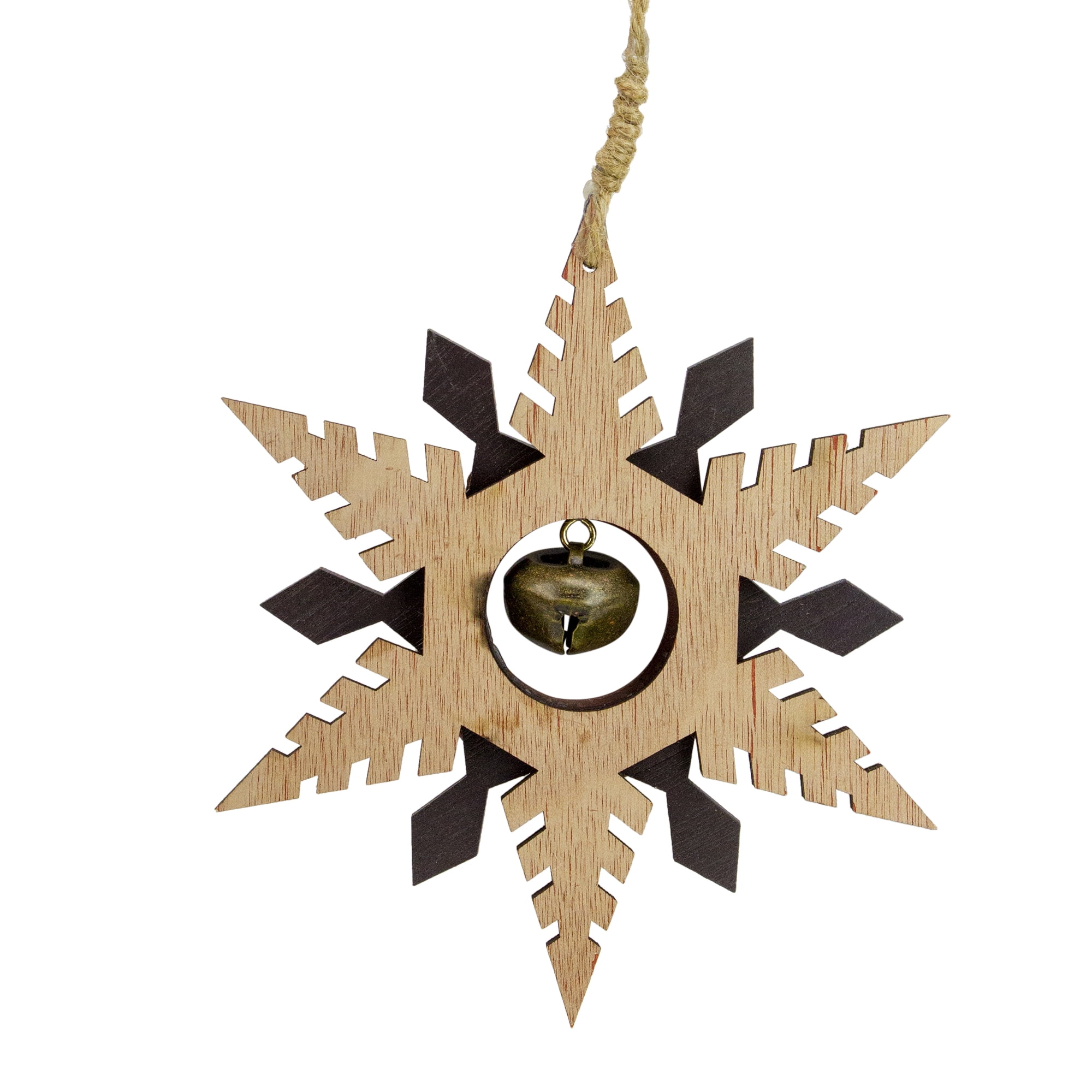 6" Brown Wooden Snowflake Christmas Ornament with a Country Rustic Bell