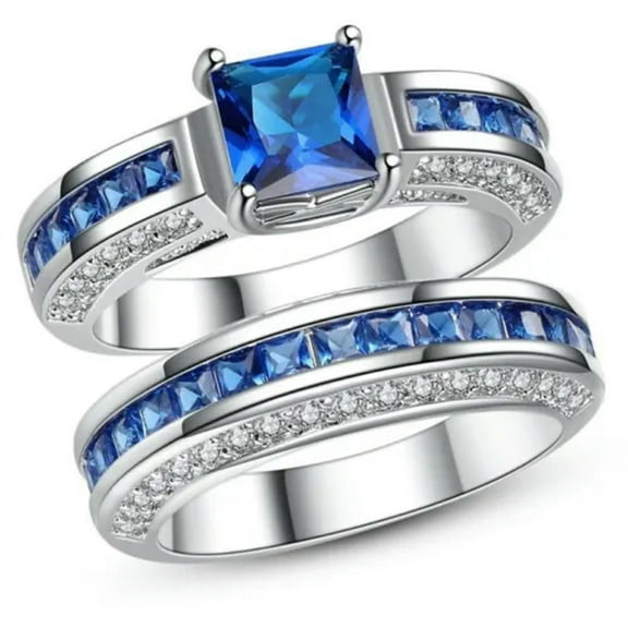 Blue Zirconia AAA Cz Anniversary Women's 925 Silver Engagement Ring Sets Sz 6-10