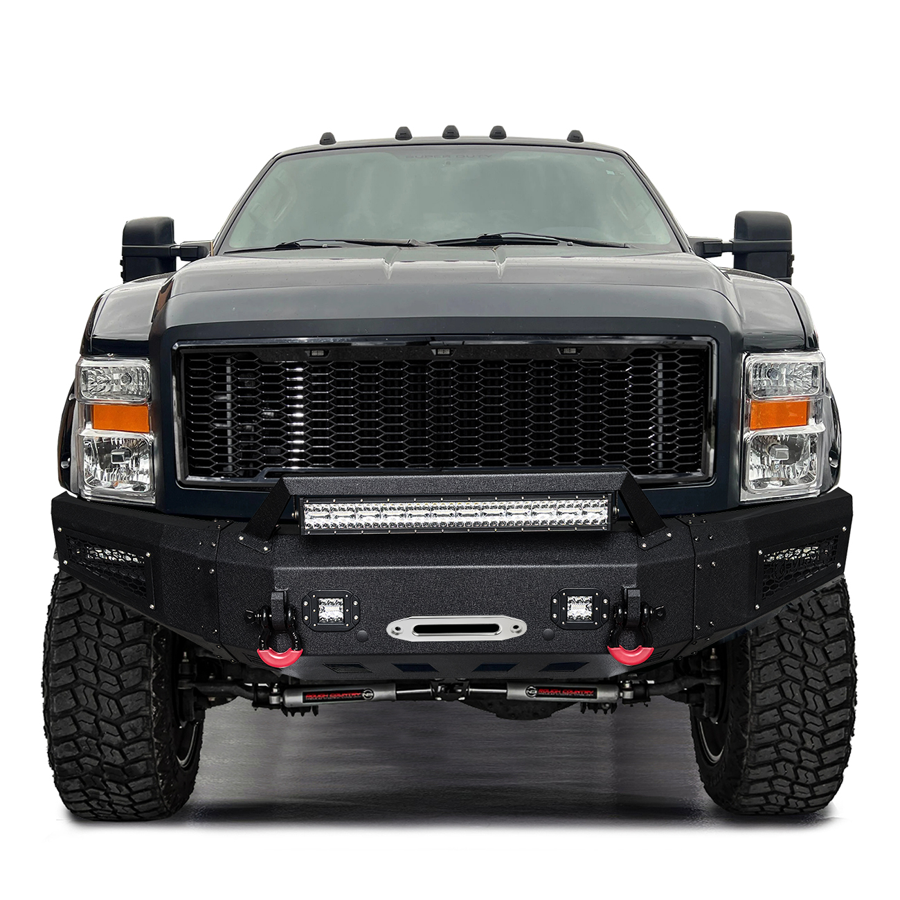 Vijay Compatible with 2008-2009-2010 Ford F250/F350 Front Bumper Textured Black Steel with Light and D-ring