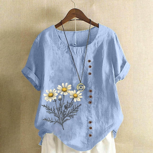 TaTaai Women's Everyday Casual Blouse, Linen Feel Round Neck T-Shirt, Short Sleeve Comfortable Top for All Occasions Gift