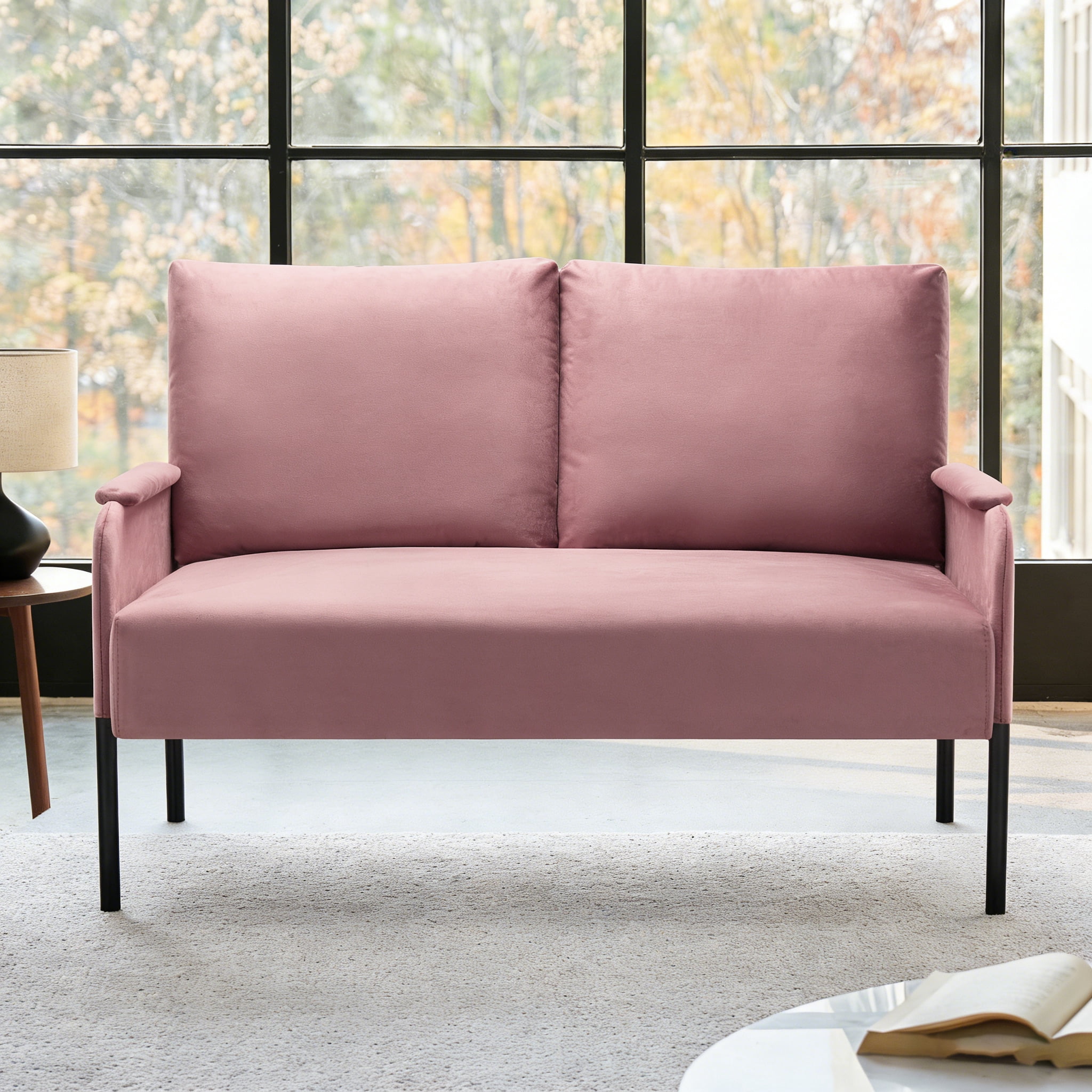 Gewnee 45.7”Loveseat Couch for Small Spaces,Mid-Century Modern 2-Seater Sofa with Metal Frame & Black Legs,Removable Washable Back Cushion Cover,Easy Assembly.Pink