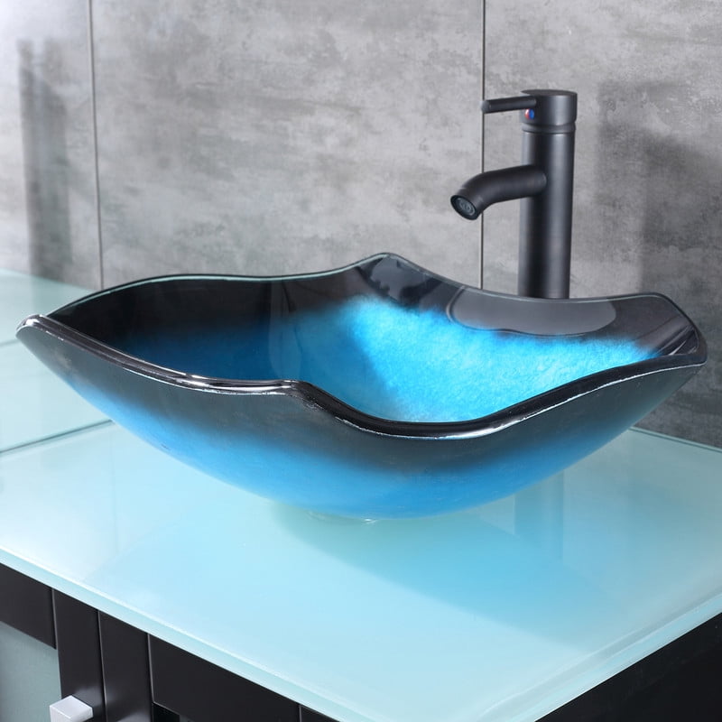Walsport 36" Luxurious Bathroom Vanity with Sink Combo Cabinet Blue Tempered Glass Vessel Sink Bowl Faucet Drain Combo,Black