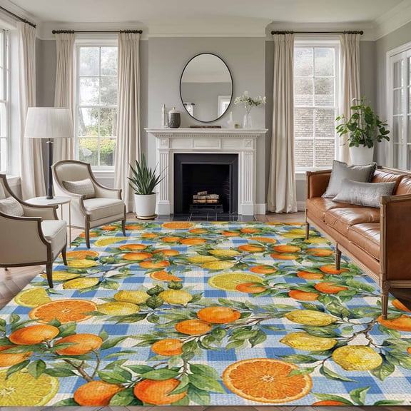 Large Area Rugs for Living Room Bedroom, Orange Lemons 5'x8' Rug Washable Carpet Runner Indoor Outdoor, Summer Botanical Checkered Farmhouse Non Slip Floor Mats Rug for Kitchen, Bathroom