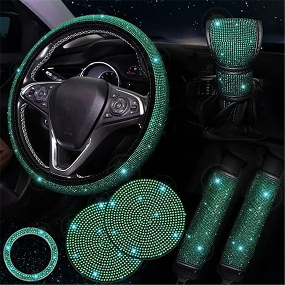 Green Diamond Bling Car Accessories Set, 7 Pack: Steering Wheel Cover (15 inch), Seat Belt Cushions (2), Gear Shifter Cover, Push Start Button Cover, Car Cup Coasters (2), Green