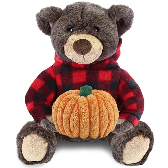 DolliBu Super Soft Plush Brown Bear with Red Plaid Hoodie Stuffed Animal with Pumpkin Decor - Pumpkin Plush Animal for Fall, Halloween and Thanksgiving, Pumpkin Toy for Baby, Kids, Adults - 10 Inches