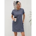 thumbnail image 3 of Navy Blue Striped Pocket Tee Dress For Women, Short Sleeve Casual Shift Dress, 3 of 6