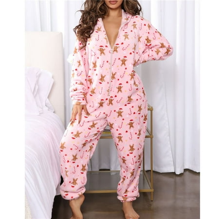 

Christmas Pajamas for Women Onesie Xmas Flannel Hooded One Piece Pajamas Union Jumpsuit Romper