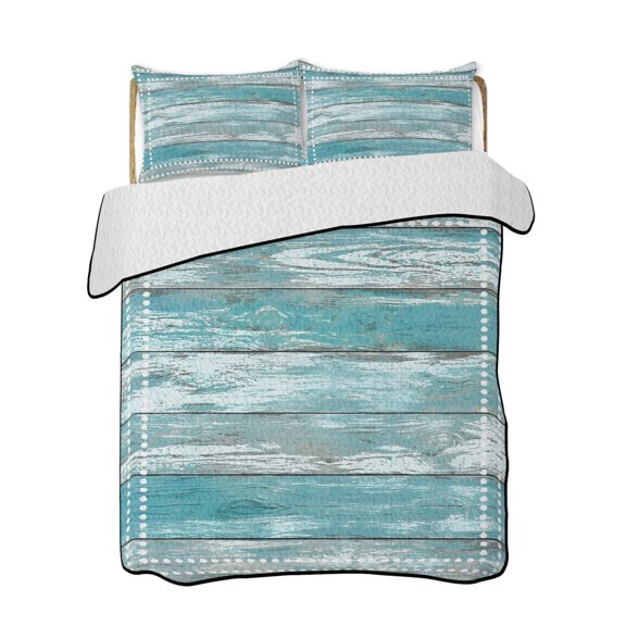 Ocean Planks Quilts Bedding Set Twin Size Coastal Dotted Border Square Frame Blue Wood Grain Lightweight Quilted Bedspread 3 Piece Bed Quilt with 2 Pillow Shams All Season for Bedroom 68" x 86"