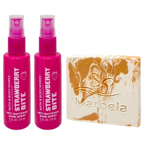 Bath & Body Works Strawberry Bite 2 - Hand Sprays - (1 fl oz / 29 ml Each) with a Peach Gardenia Mini Soap