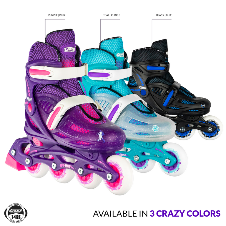 Crazy Skates Adjustable Rollerblades for Kids- Fits 4 Sizes