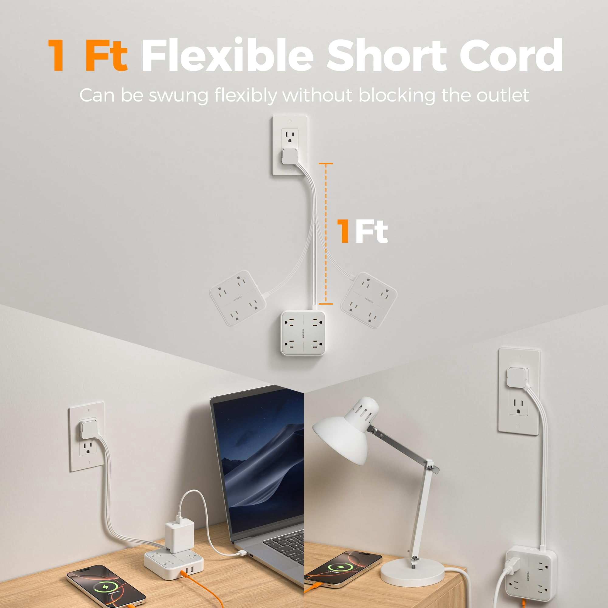 Surge Protector Flat Extension Cord 1ft  Ring Plug Power Strip With 4 Outlets 3 Usb Ports (1 C) 900 Joules Protection Multiple Wall Outlet Extender Suitable For Home Office Dorm Grey
