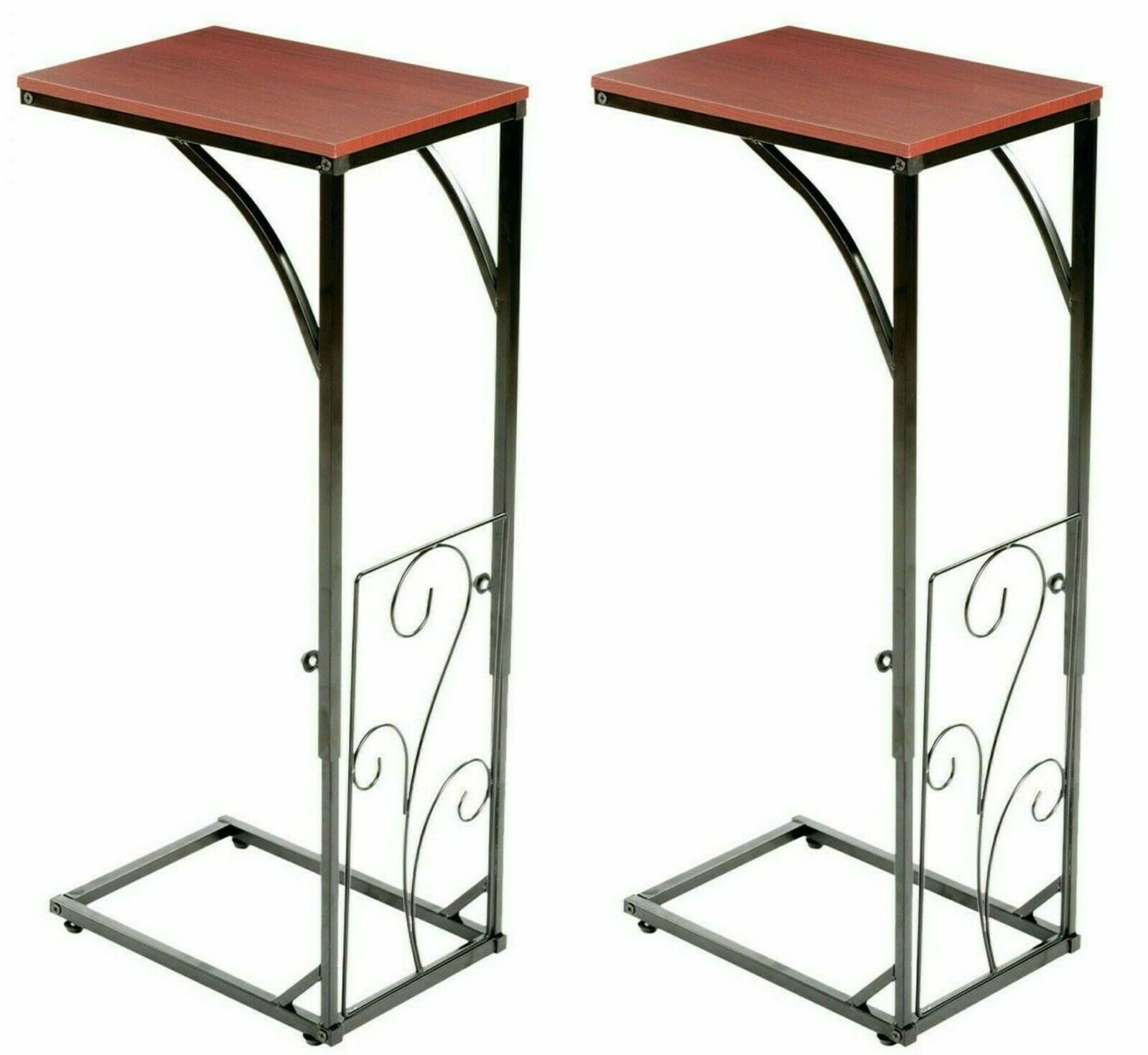 2 Pack Adjustable Height Sofa Side End Table Brown Wood Top, Black