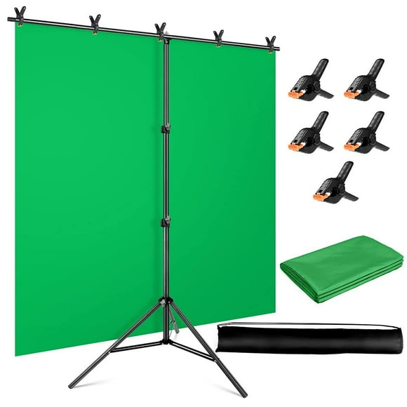 Toile de Fond Écran Vert avec Kit de Support, 5 x 6.5 Pieds Portable Chromakey Kit de Support Écran Vert avec Support en T & Sac de Transport & 5 Pinces, Dosseret Écran Vert