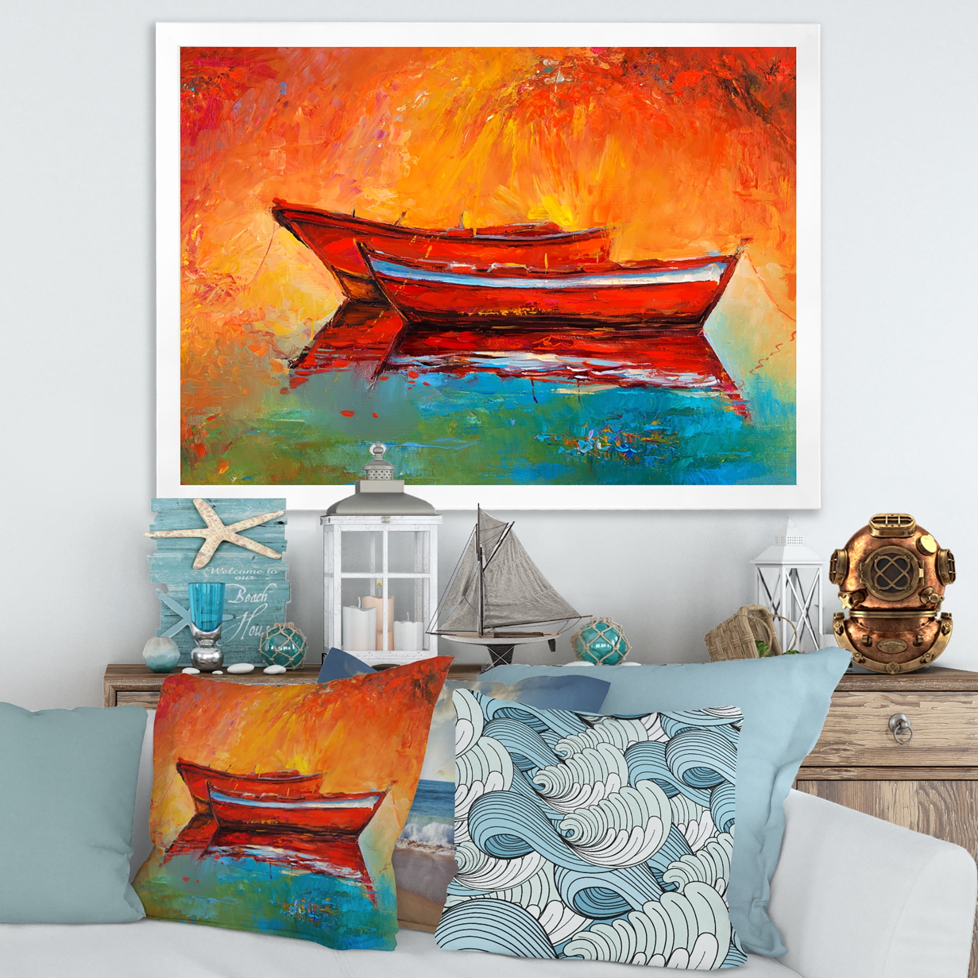 Two Red Boats During Sunset In Lake 40 in x 30 in Framed Painting Canvas Art Print, by Designart
