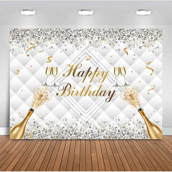 White Gold Happy Birthday Backdrop Glitter Diamond Luxury Birthday Photography Background for Women Champagne Birthday Party Decorations Banner Supplies Photo Booth Props