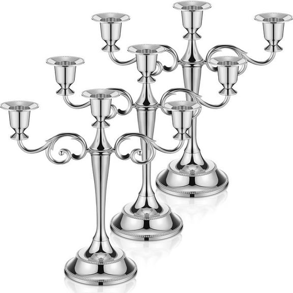 3 Pcs 3 Arm Metal Candelabra Candlestick Holders 10.24 Inch Tall Candlestick Holders Gothic Candle Holder for Home Wedding Church Christmas Party(Silver)