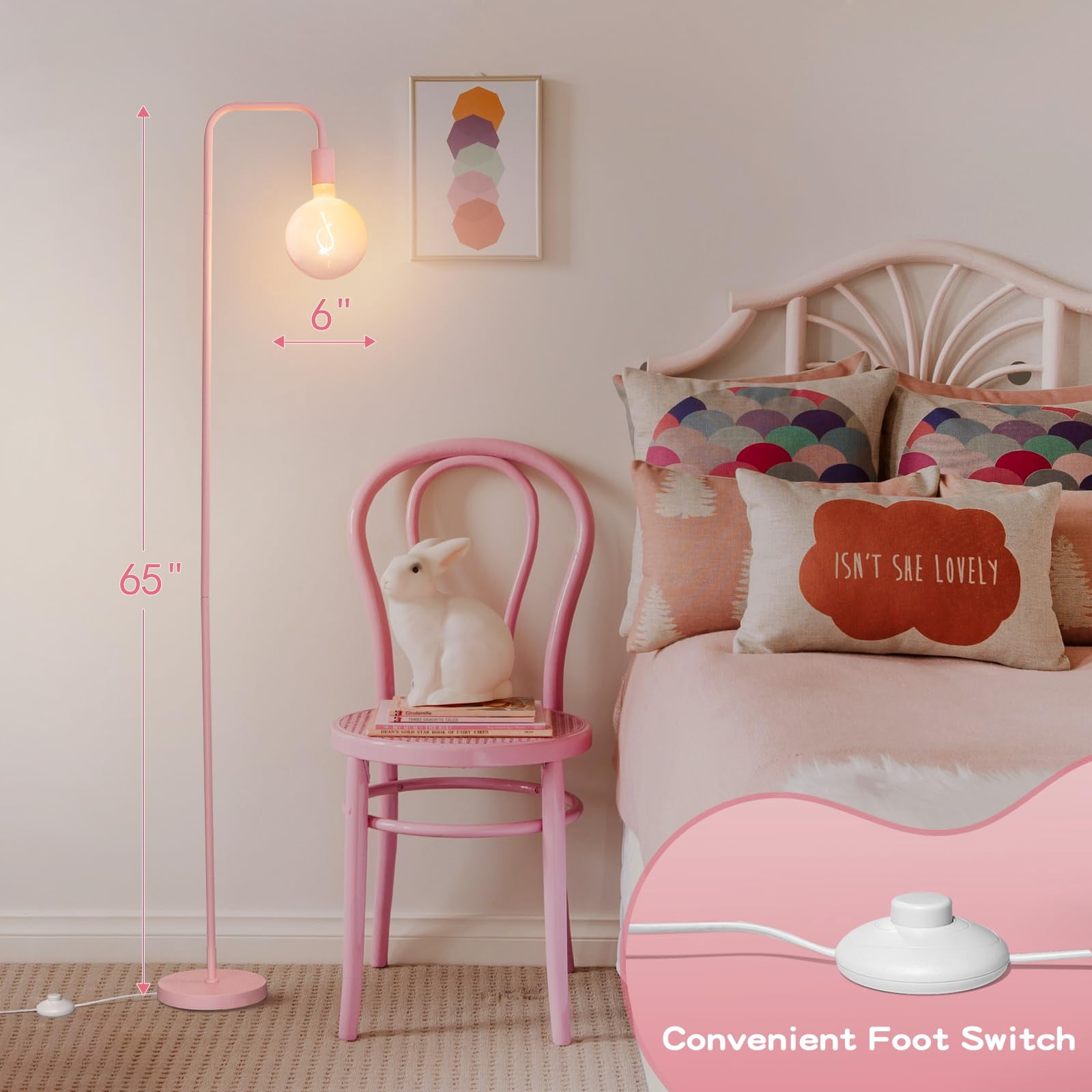 Pink Floor Lamp For Bedroom  Cute Standing With Led Bulb Translucent Globe Glass 2700k Warm Lighting. Livingroom Office