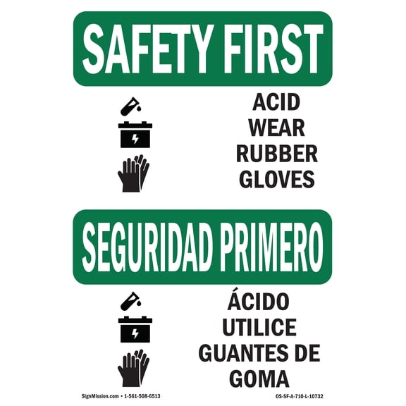 OSHA SAFETY FIRST Sign - Acid Wear Rubber Gloves Bilingual | Plastic Sign | Protect Your Business, Work Site, Warehouse & Shop Area | Made in the USA