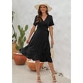 thumbnail image 2 of Women Summer Dress Wrap V-Neck Short Sleeve Casual Beach Dress A-Line Pleated Midi Sun Dresses (Black, XL), 2 of 4