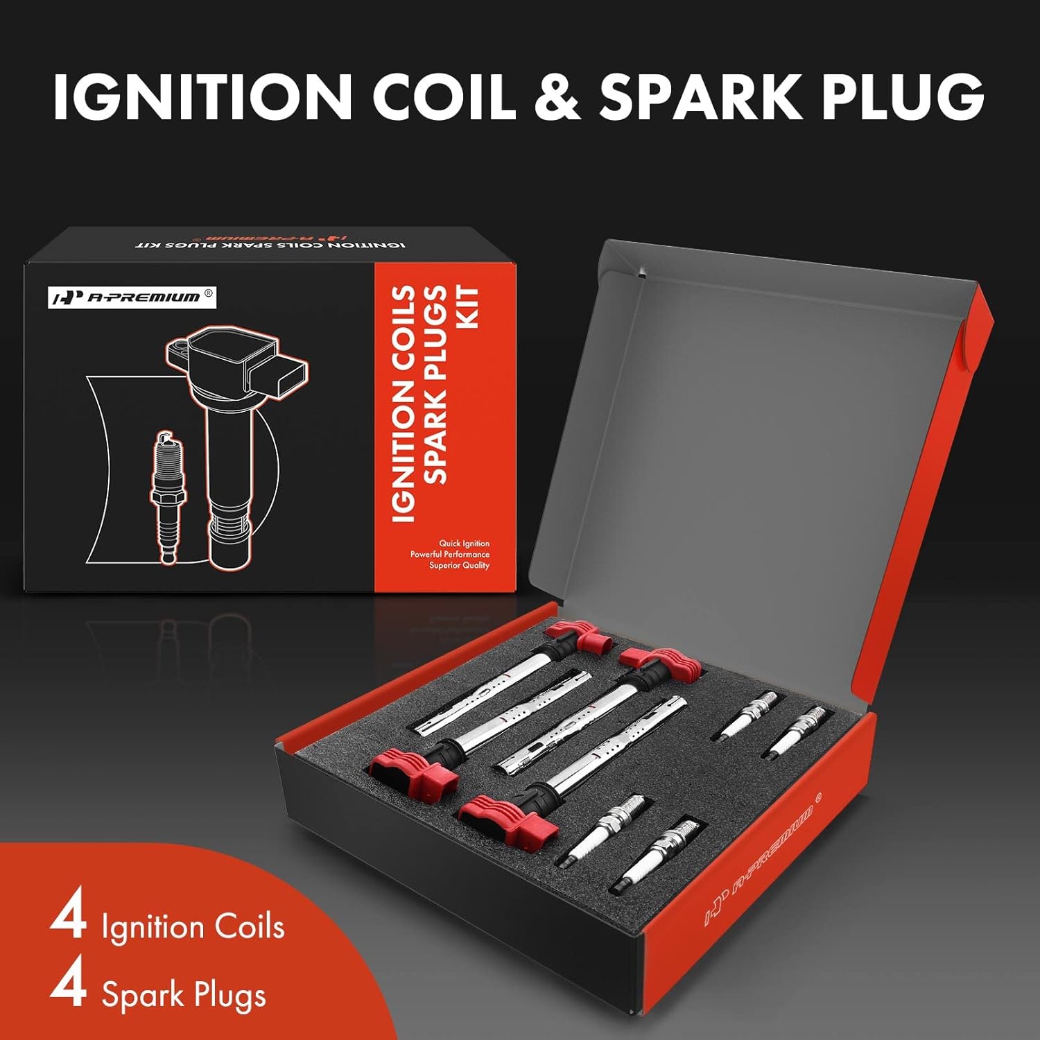 A-Premium Set of 4 Ignition Coil Pack and Iridium Spark Plugs Compatible with Audi A4 A5 A6 A7 A8 Quattro Q5 Q7 R8 S4 S5 S6 S8 Porsche Cayenne Panamera Volkswagen